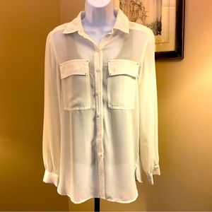 Spense sheer ivory blouse with roll up sleeves. Size small
